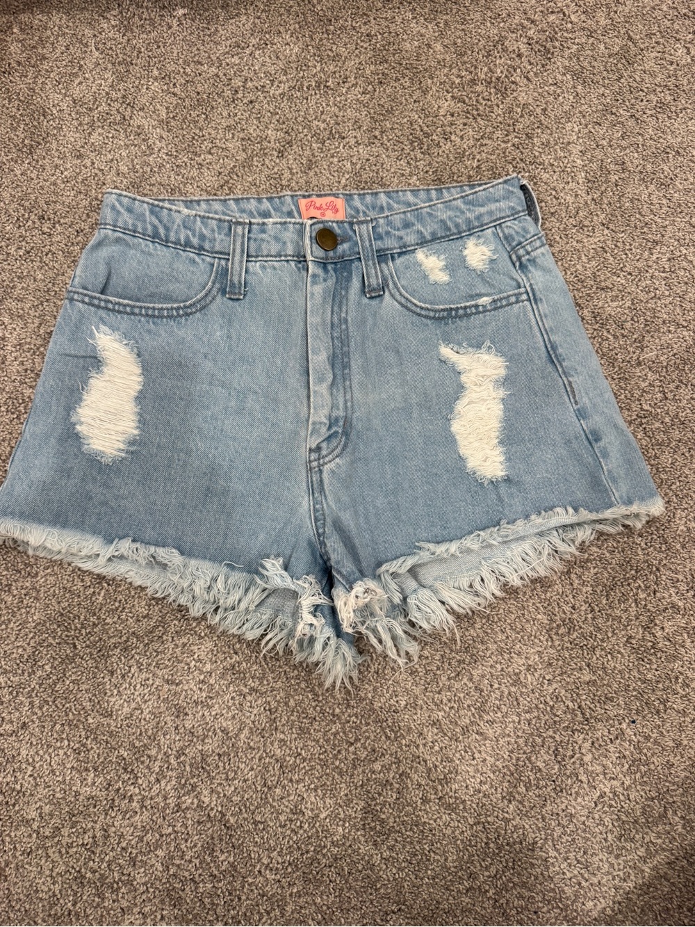 Pink Lily Light Wash Distressed Denim Shorts | Size Medium | Raw Hem